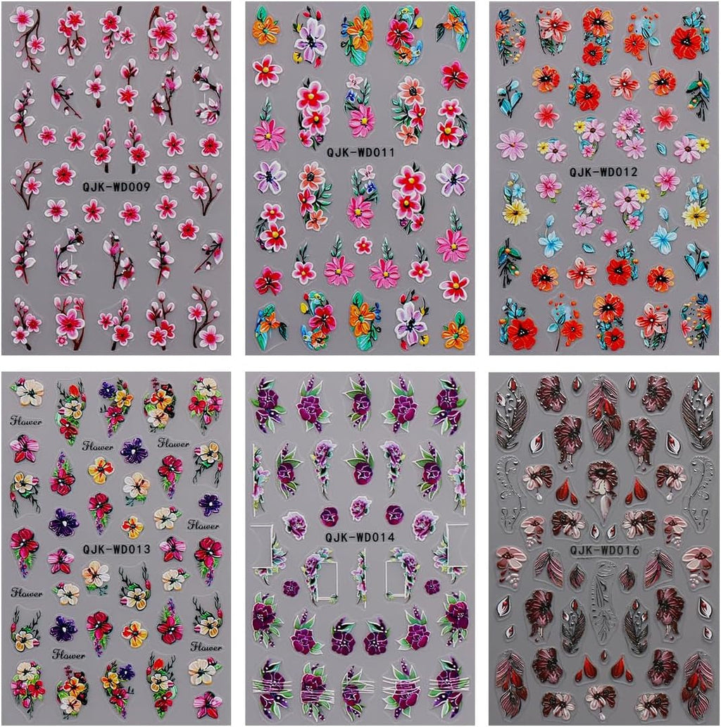 JMEOWIO Nagelsticker Blumen 6 Blatt Nail Art Sticker Selbstklebend Nagelaufkleber Sommer Blumen Dekoration Nageldesign Zubehör