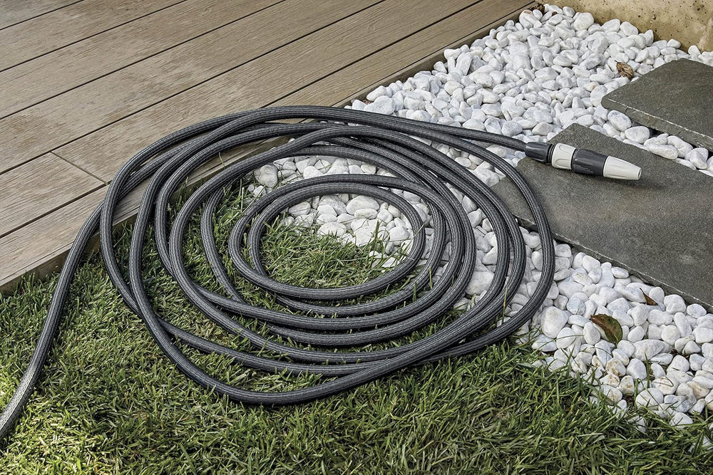 GF SRL, Aquapop Grey Easy 10, furtun împletit autoextensibil de 10 metri, fabricat în Italia, cu mini pulverizator de grădină și conectori pentru irigarea grădinii, gri închis