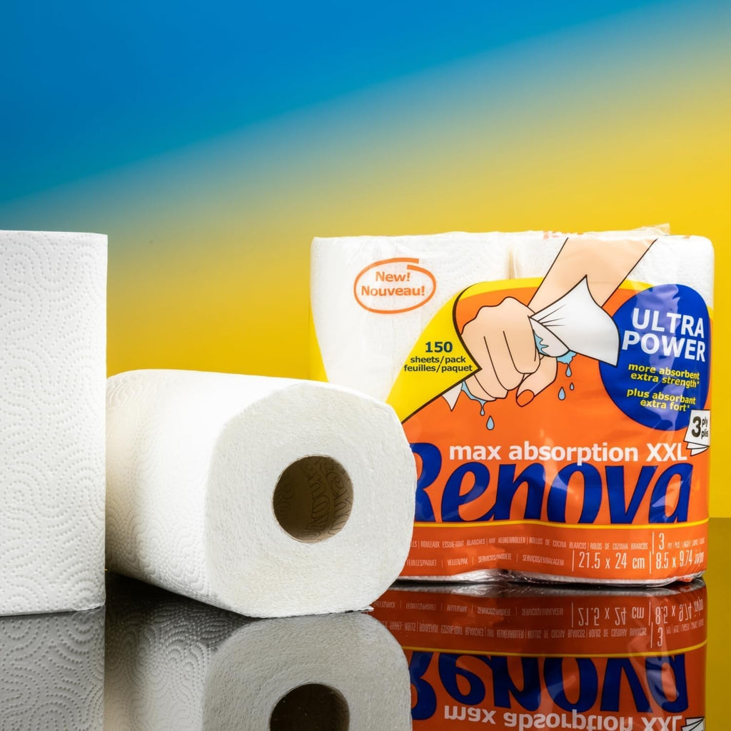 Rulouri de bucătărie Renova Renova Ultrapower | 24 rulouri XXL = 60 rulouri standard | 3 straturi ultra-absorbante și cu rezistență maximă | Hârtie certificată Fsc