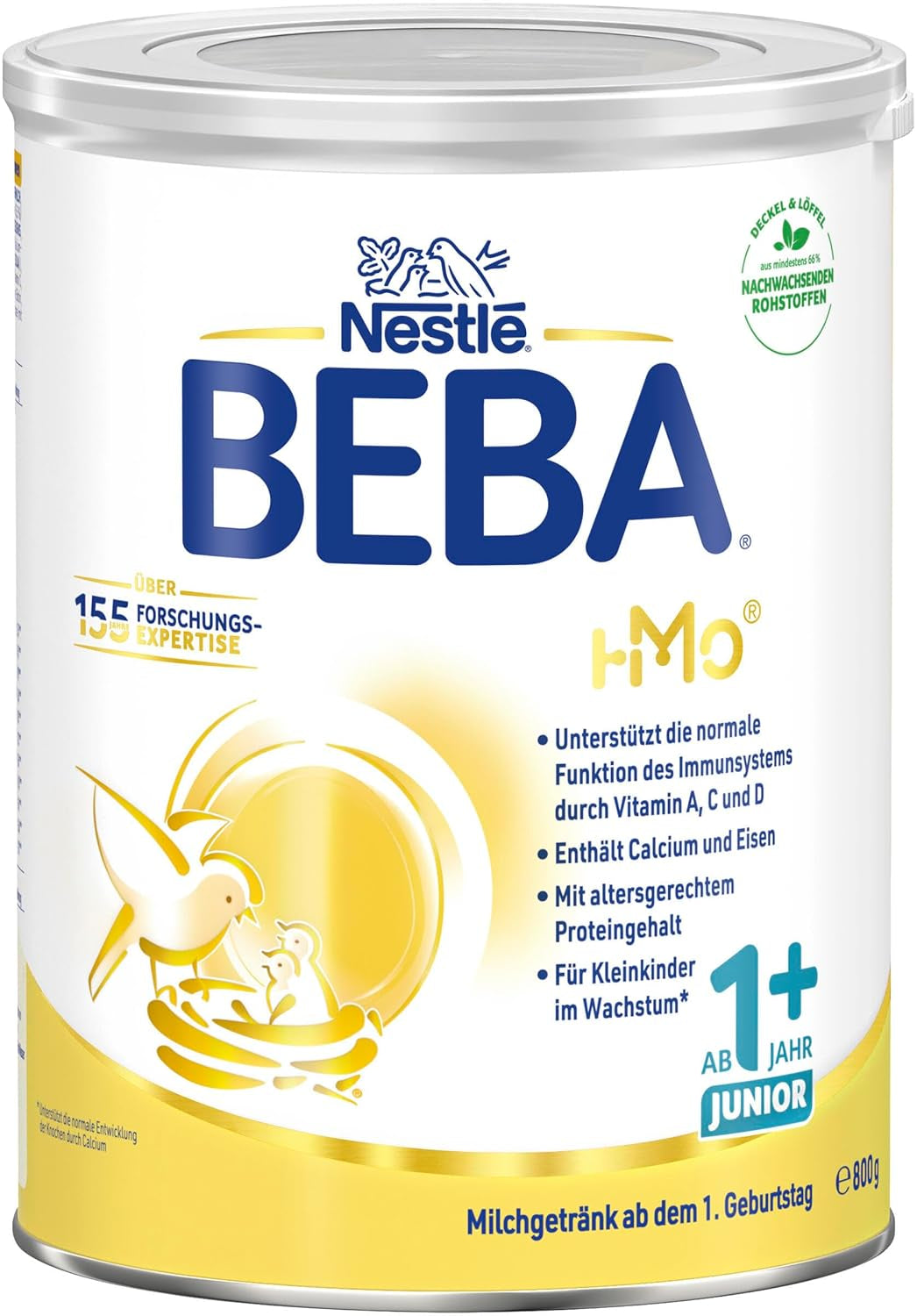 BEBA Junior 1+ mælkedrik fra 1 år, med HMO, alderssvarende proteinindhold, kun laktose, ingen palmeolie, ingen fiskeolie, småbørnsmad, babymælkpulver, pakke med 6 (6 x 800 g)