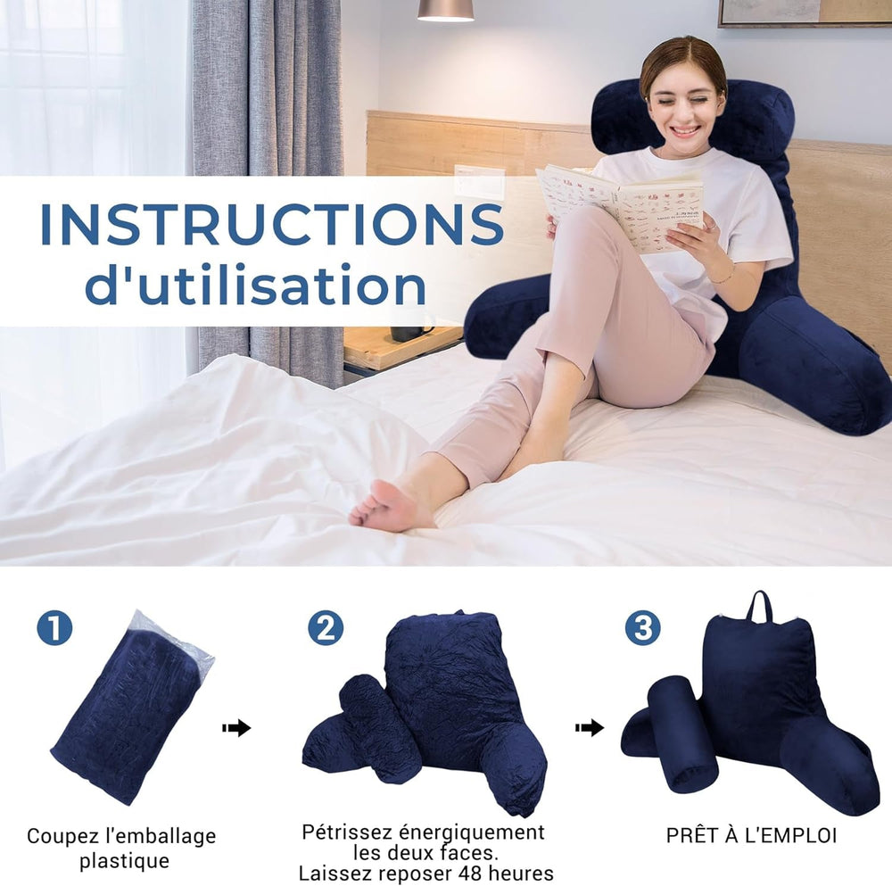 Pernă de citit INFANZIA cu cotiere, spumă cu memorie, suport ergonomic pentru canapea și pat, albastru marin