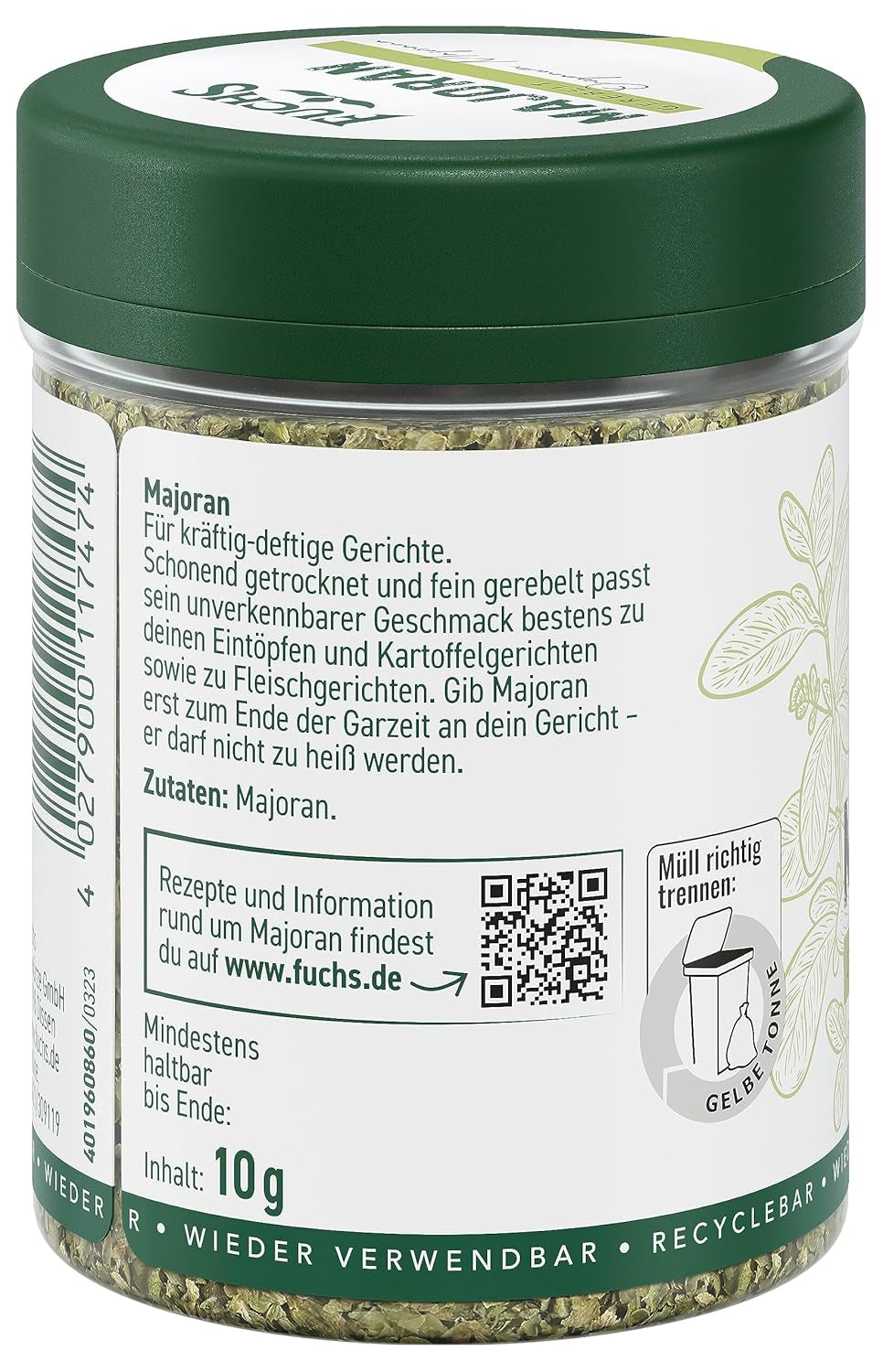 Fuchs Gewürze - Merian gerebelt - zum Würzen von Kartoffelgerichten, Fleischgerichten eller Eintöpfen - naturlige ingredienser - 10 g i wiederverwendbarer, genbrugsbarer Dosis