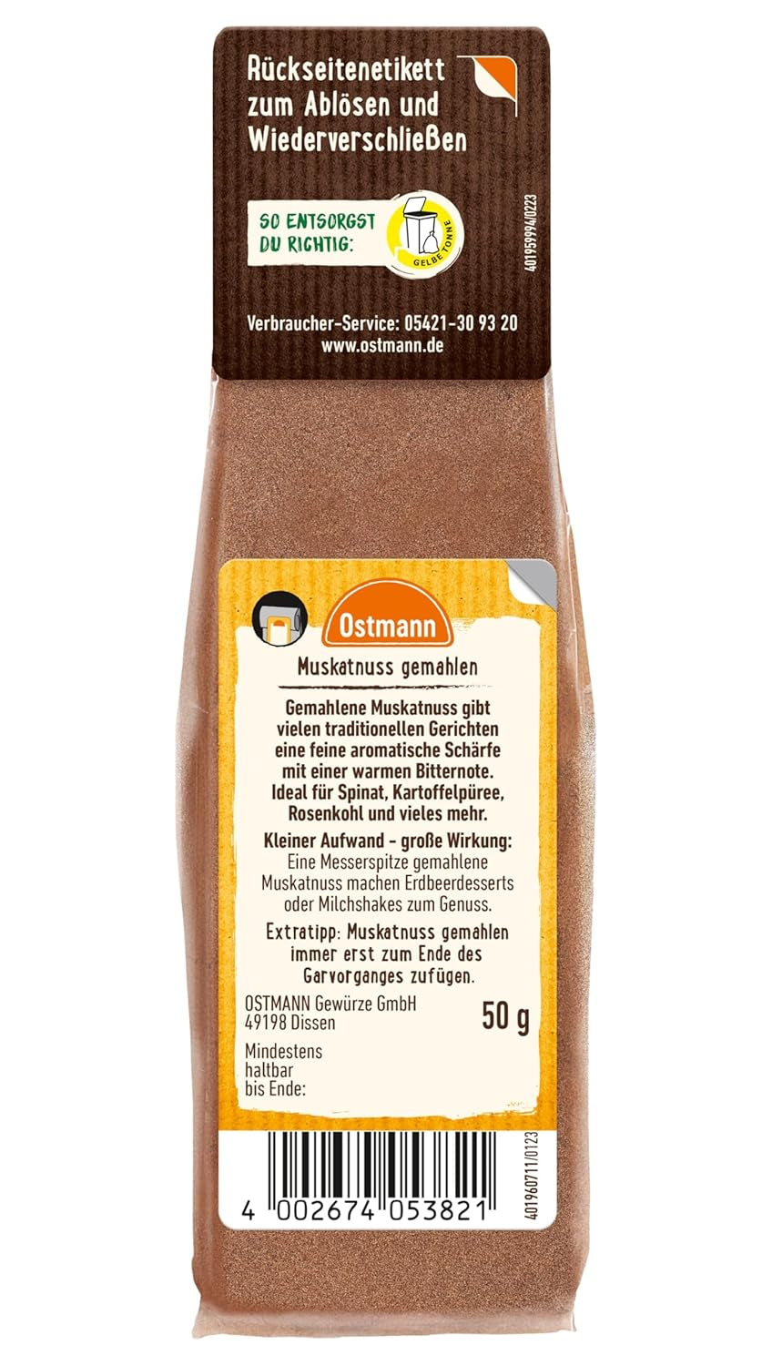 Ostmann Gewürze - Muskatnuss gemahlen | Ideel til at tilføje smag til kartoffelretter Zum Nachfüllen der Streudose | 50 g genlukkelig pose