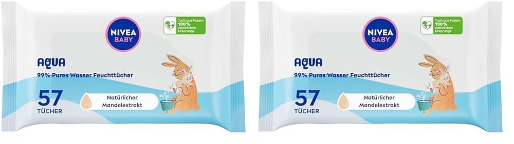 NIVEA Baby AQUA Feuchttücher, Baby Feuchttücher Zur Sanften Reinigung Empfindlicher Haut, Hypoallergene Und Parfümfreie Feuchttücher For Babies Mit 99% Wasser (1 X 57 Stück) Baby Wet Wipes Naty Shop 57 Stück (2Er Pack)