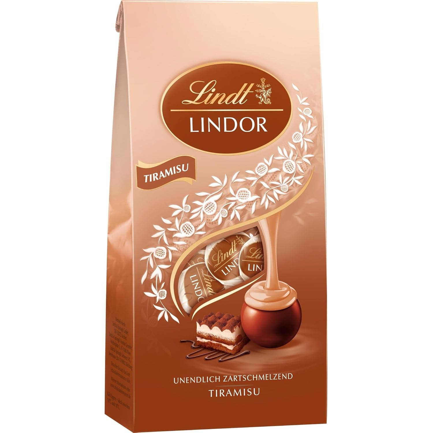 Lindt Chokolade | LINDOR Tiramisu Taske | 137g | 11 mælkechokoladekugler med smelte-i-mund-tiramisufyld | Gave af chokolade