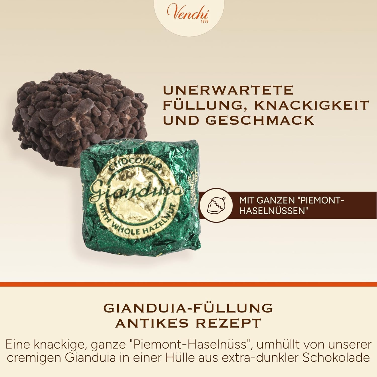 Venchi – Chocoviar Gianduia, praliner i 1 kg pose, Gianduia chokolade fremstillet udelukkende med "Piemonte skovhasselnødder", glutenfri, uden kunstige farver og uden konserveringsmidler