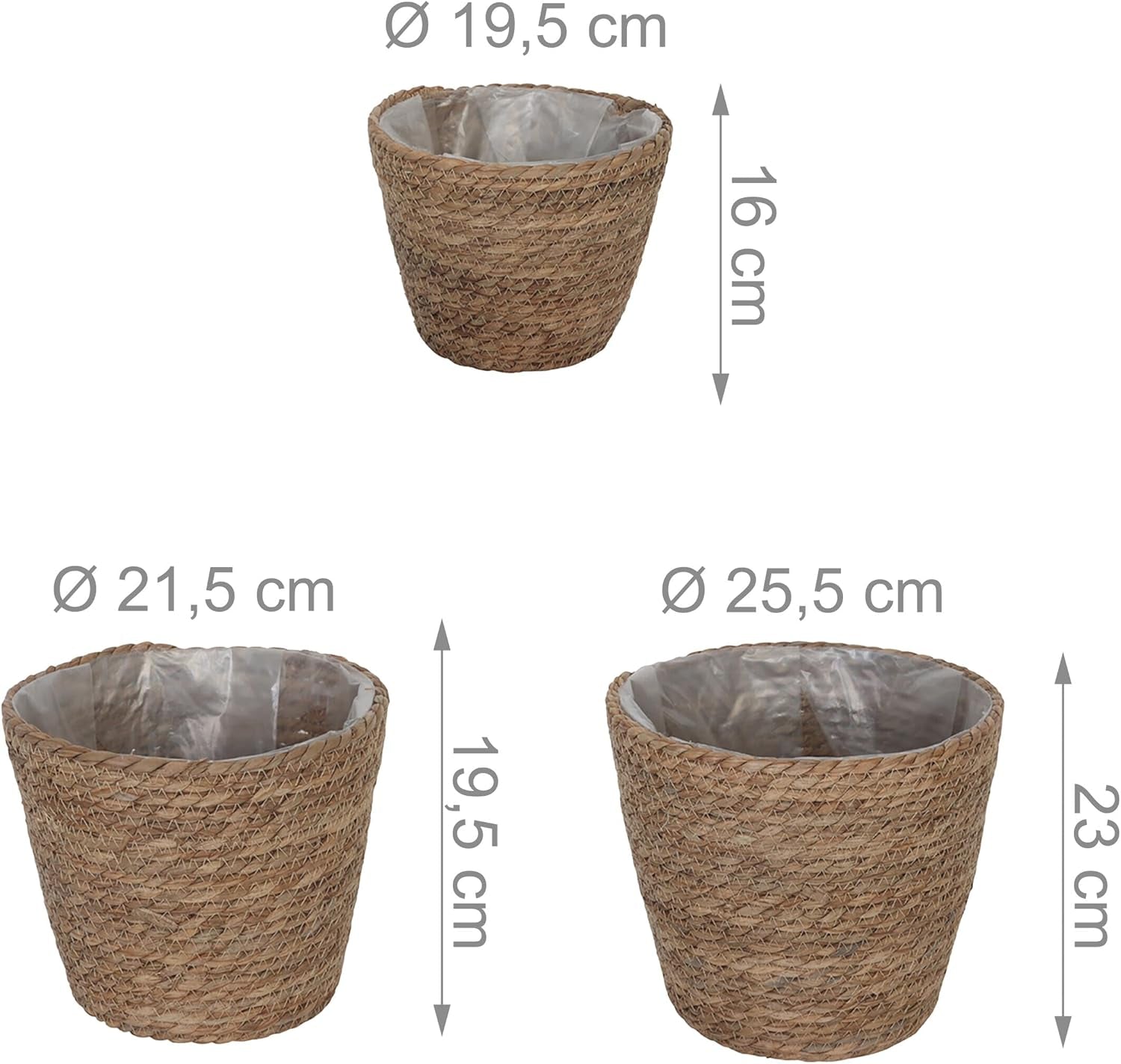 Ghiveci de flori Relaxdays, Set de 3, Stuf, Ghivece de plante cu folie, 3 dimensiuni, Stil Boho, Ghivece rotunde, Natural
