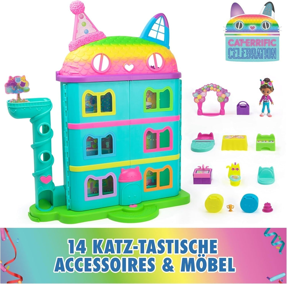 Casa de păpuși Gabby™S, set de 15 piese pentru casa de păpuși Purrfect Party cu aspect curcubeu, de peste 60 cm, cu figura Gabby, mobilier și efecte sonore, de la 3 ani Casute de papusi Naty Shop