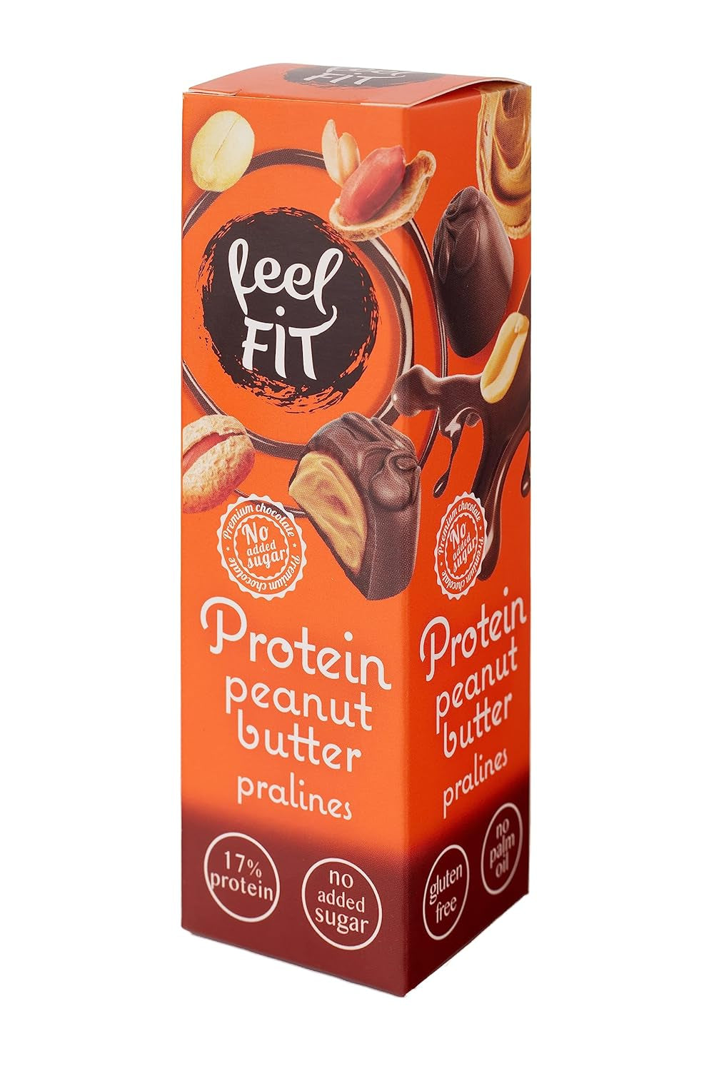 Feel FIT Jordnøddesmørproteinpraliner i højkvalitets mælkechokolade, uden tilsat sukker, 17 % protein, glutenfri 66 g (1 pakke)