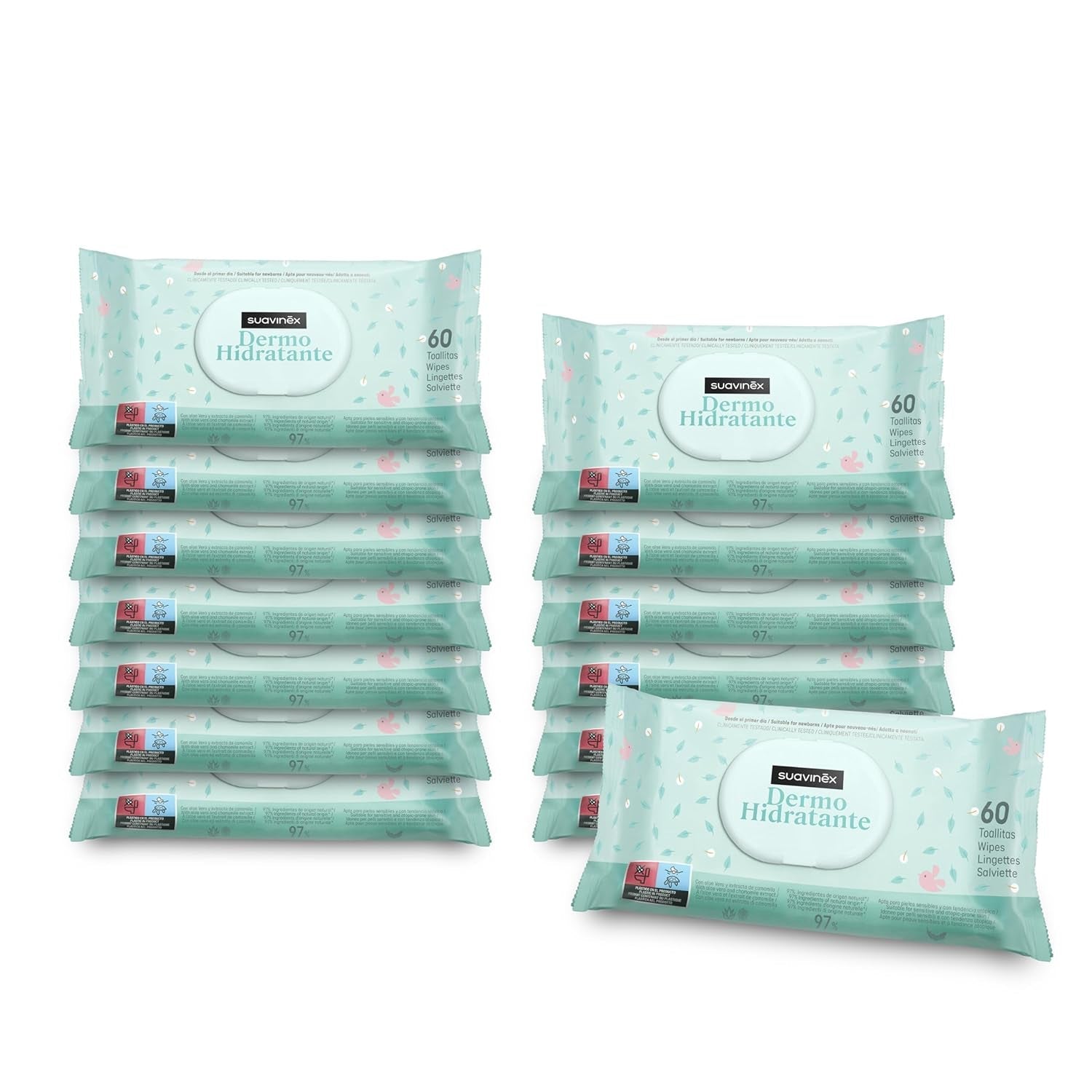 Suavinex, pachet de 14 a câte 60 de șervețele umede pentru bebeluși (840 de șervețele în total), hidratante, potrivite pentru tenul atopic, 95% ingrediente naturale