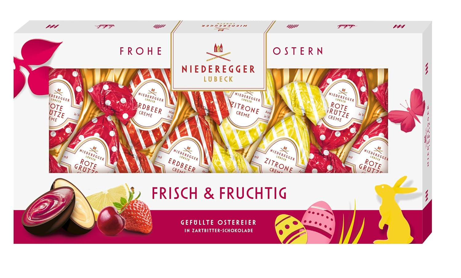 Niederegger | Chokoladeæg | Frisk og frugtig | 1 x 100g | Æg fyldt med smag af citron, jordbær og røde bærcreme | Dækket med mørk chokolade | påskeæg | påske gave
