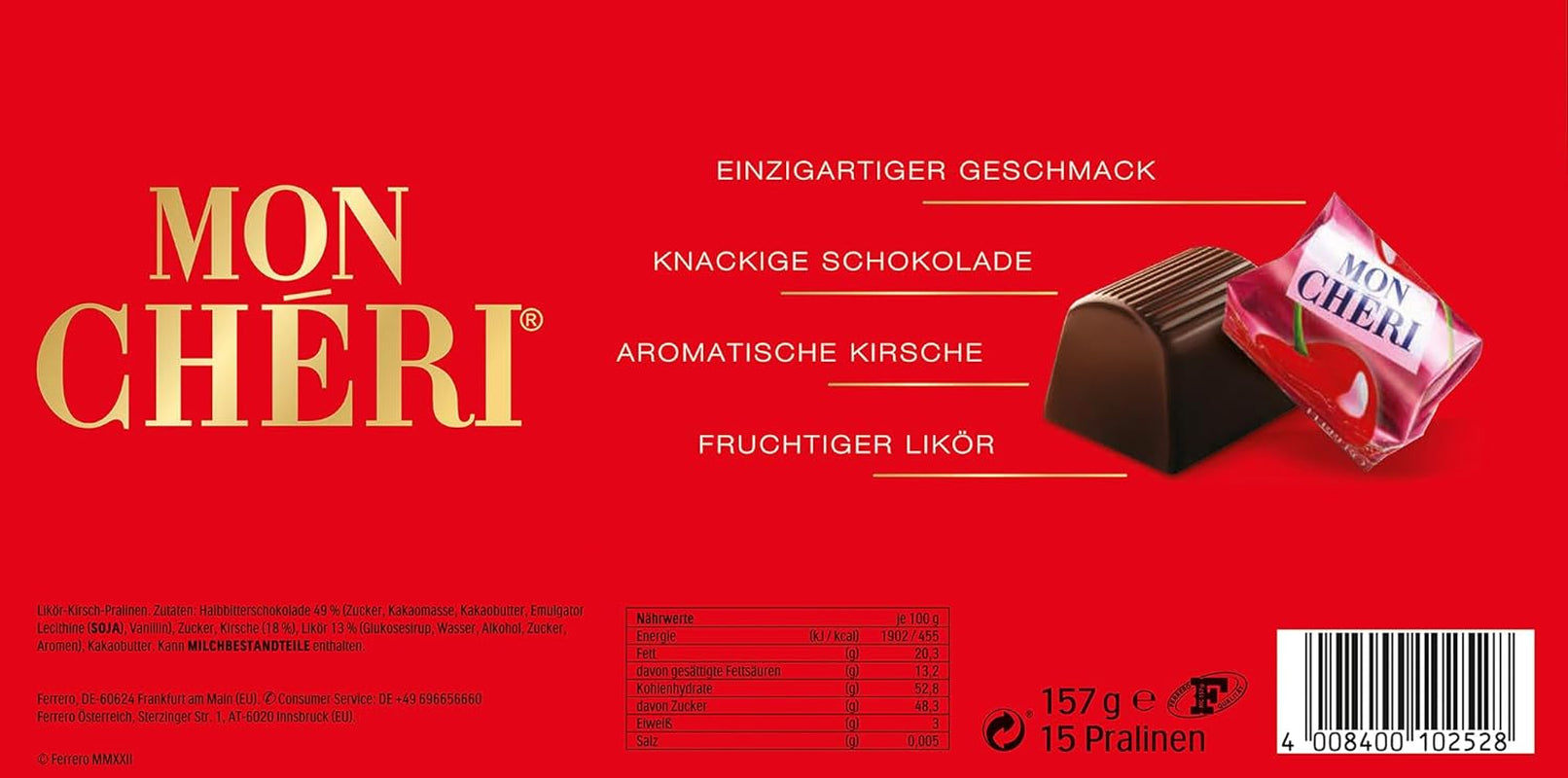 Ferrero Mon Chéri - Sprød chokolade, frugtagtig likør og et aromatisk kirsebær - Valentinsdag chokoladegave til ham og hende - 1 pakke med 15 individuelle chokolader