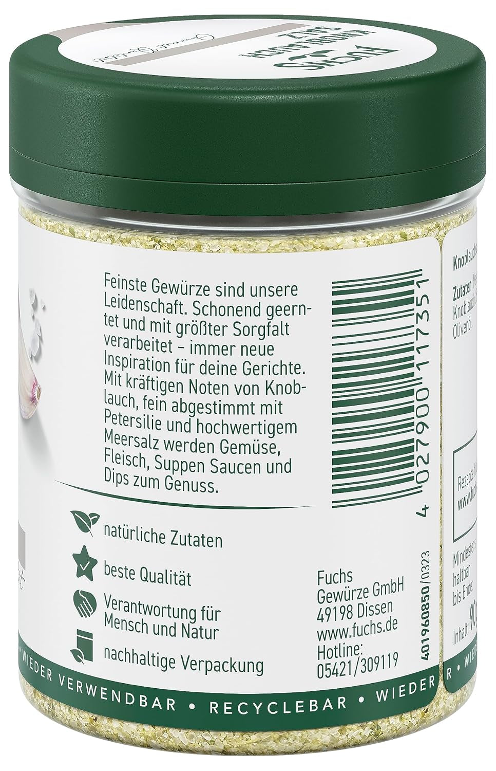 Fuchs Gewürze - Knoblauchsalz - Gewürzsalz für Dips, Saucen og Gemüse - naturlige ingredienser - 90 g i wiederverwendbarer, genbrugsbarer Dosis