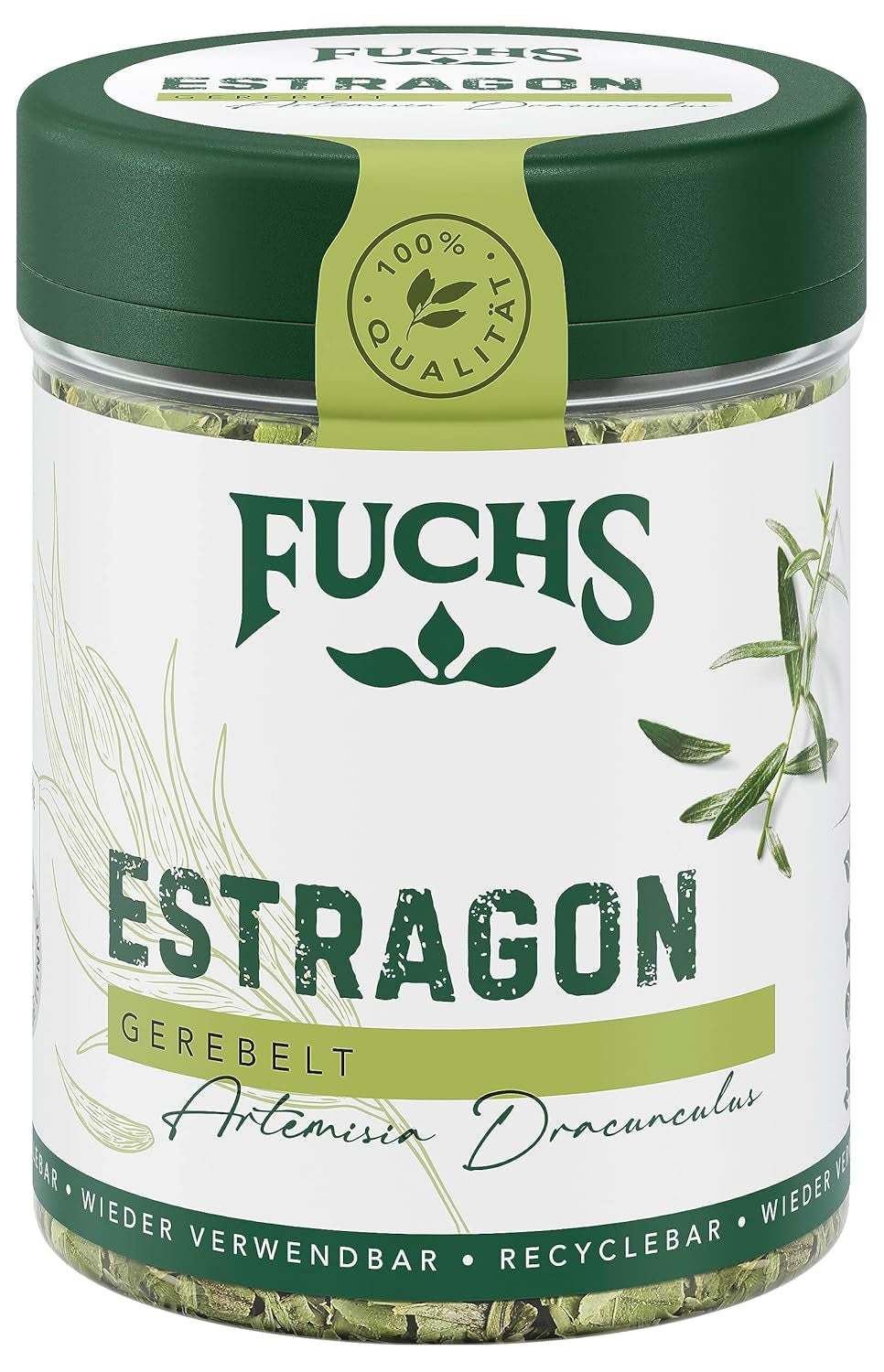 Fuchs Gewürze - Estragon gerebelt - französisches Kraut zur Verfeinerung von Saladen, Sauce Hollandaise eller Rührei - naturlige ingredienser - 10 g i wiederverwendbarer, genbrugsbarer Dosis