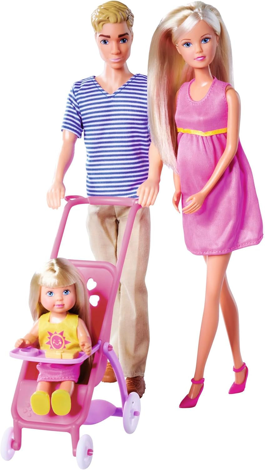 Simba 105733673 - Steffi Love Happy Family, Păpușă însărcinată, Kevin, Evi și bebeluș cu cărucior, 11 piese, accesorii, 30 cm, vârste 3+