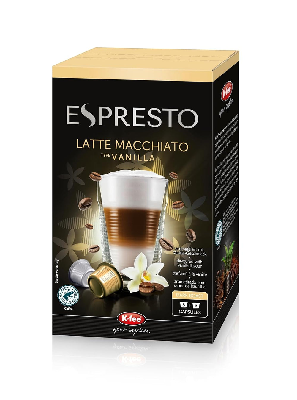 ESPRESTO Latte Macchiato Typ Vanille, kompatibel mit K-fee & ALDI EXPRESSI*, RFA zertifiziert, süß & harmonisch, 48 Kaffee-Kapseln & 48 Milch-Kapseln