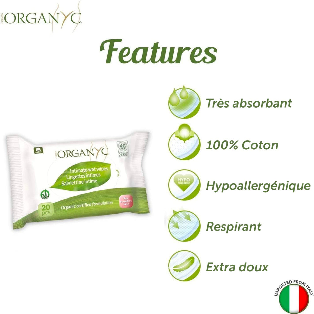 Organyc fugtige intimservietter, lavet af 100 % certificeret økologisk bomuld - 4 pakker med 20 servietter (80 servietter i alt)