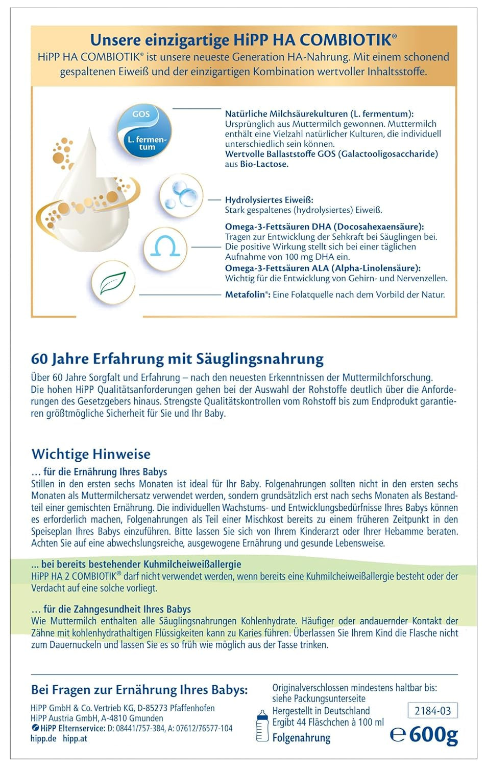 HiPP HA 2 Combiotik (4 x 600 g) - Opfølgningsformel efter 6 måneder, med naturlige kulturer af mælkesyre, værdifulde kostfibre (GOS), Omega-3, hydrolyserede proteiner til følsomme immunsystemer