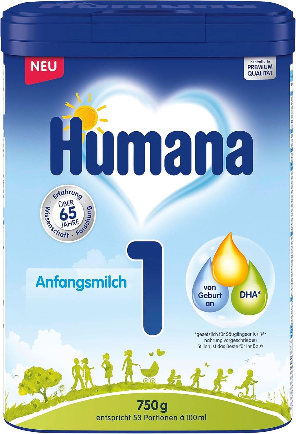 Humana Initial Milk 1, fra fødslen, mælkepulver til spædbørnsmælk, udover modermælk eller som eneste mad til babyer, startfoder kun med DHA og laktose, 750 g Mor og barn Naty Shop 750 gram