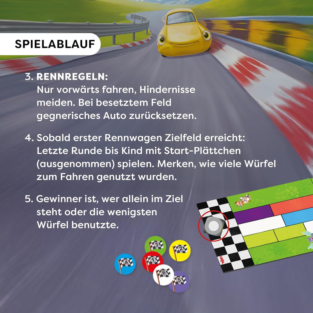 HABA Monza - Hurtigt brætspil og bilspil for børn 5+ - med 6 farverige træbiler og farverige terninger - 2012226001