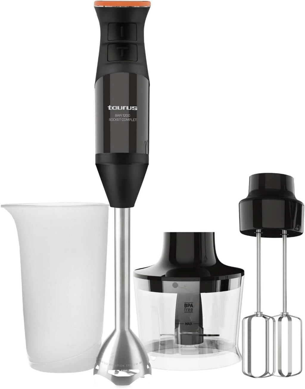 Taurus Stabmixer 1000W | 20 Geschwindigkeitsstufen | Turbo-Funktion | 4 Edelstahlklingen | Ergonomisches Soft-Touch-Design | Spritzschutz | Zubehör | Edelstahl | Elektrisch |Kunststoff, Silber/Schwarz Mama si Copilul Naty Shop 1200W | 3 Zubehör