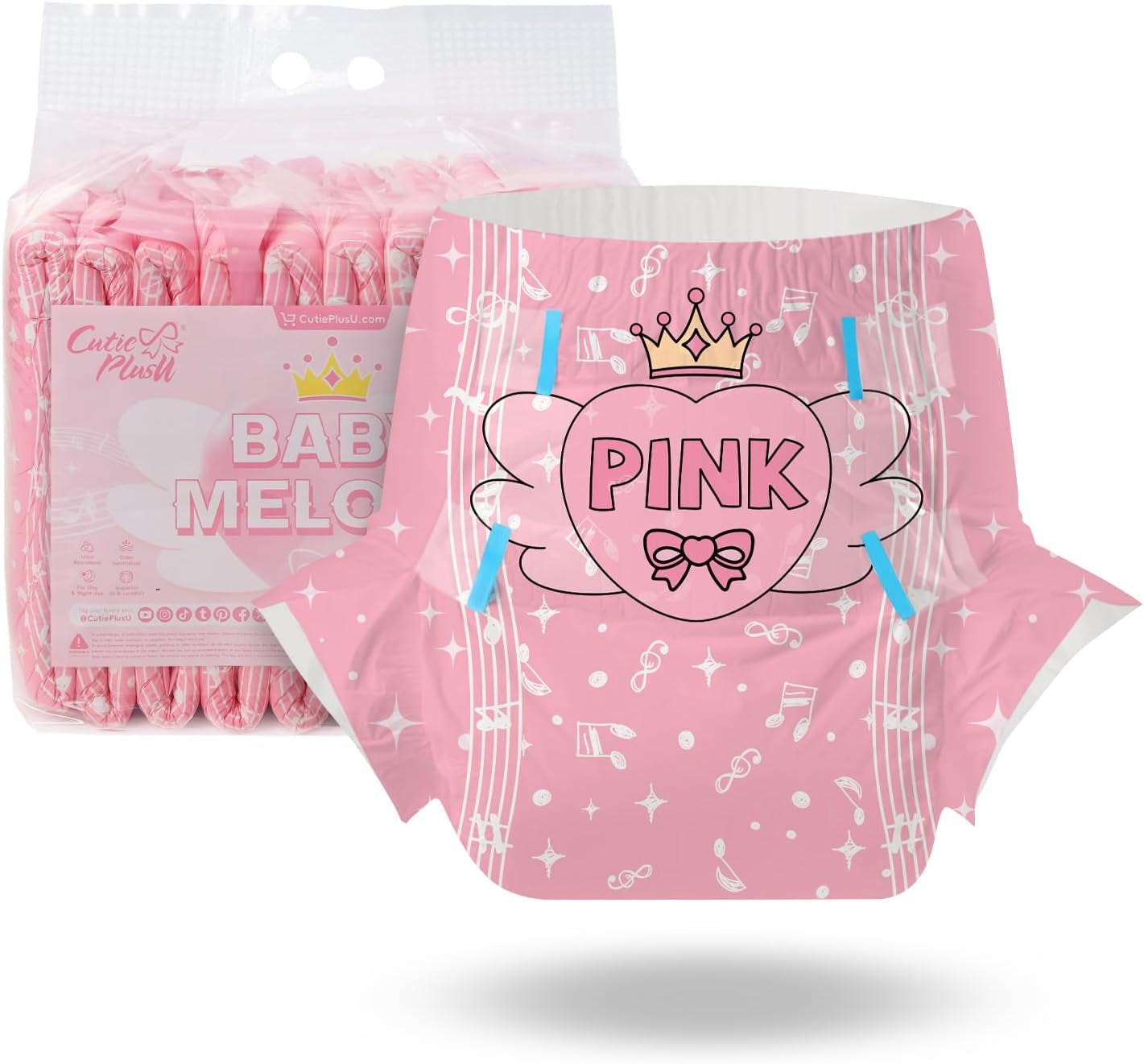 Scutece pentru adulți CutiePlusU, 10 bucăți, scutece de unică folosință cu tablă pentru femei și bărbați, absorbție maximă peste noapte - I Love Summer (Mărime medie 71-96 cm)