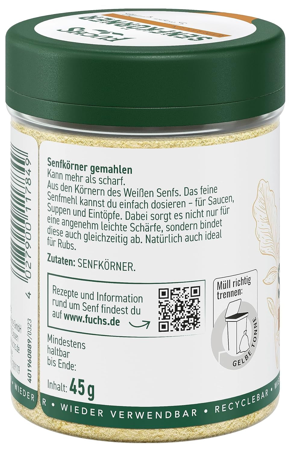 Fuchs Gewürze - Senfkörner gemahlen - für die Zubereitung von Rubs, zum Verfeinern von Suppen og Saucen - naturlige ingredienser - 45 g i wiederverwendbarer, genbrugsbarer Dosis