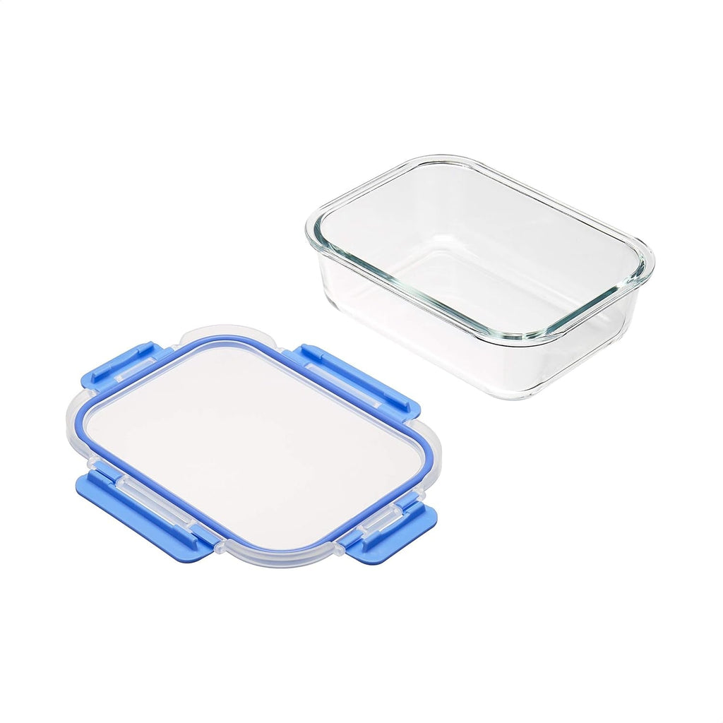 Containere pentru alimente Amazon Basics cu capace de sticlă cu închidere etanșă, set de 14 piese, 7 containere și 7 capace fără BPA, transparente cu bandă de silicon albastru Cutii depozitare alimente Naty Shop
