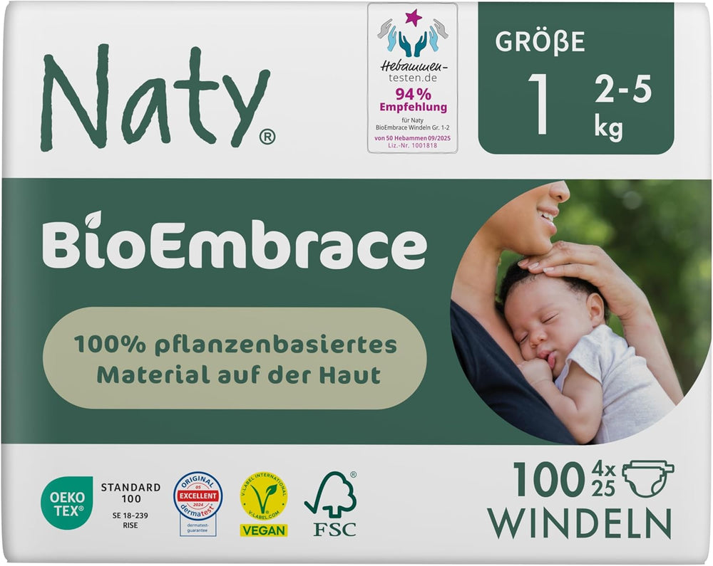 Naty BioEmbrace babybleer, str. 5 (11-25 kg) | 100% plantebaserede materialer, skånsomme mod huden | Åndbar blødhed, dermatologisk testet, fremragende absorption | 80 stk.