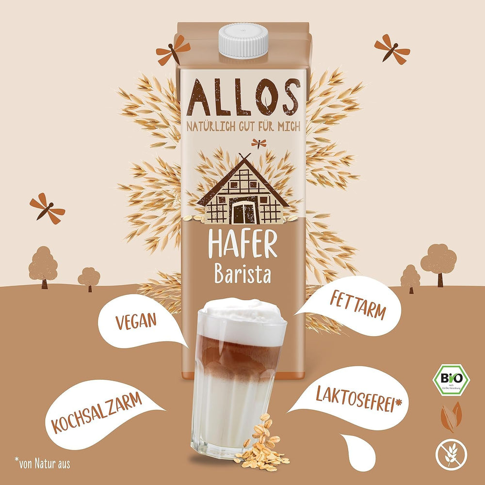 Allos Bio Haferdrink Barista | Milchalternative aus Hafer | Schaumbarer Drink auf Pflanzenbasis | Perfekt til kaffe Vegansk, laktosefri drik | 1 liter (6 stykker)
