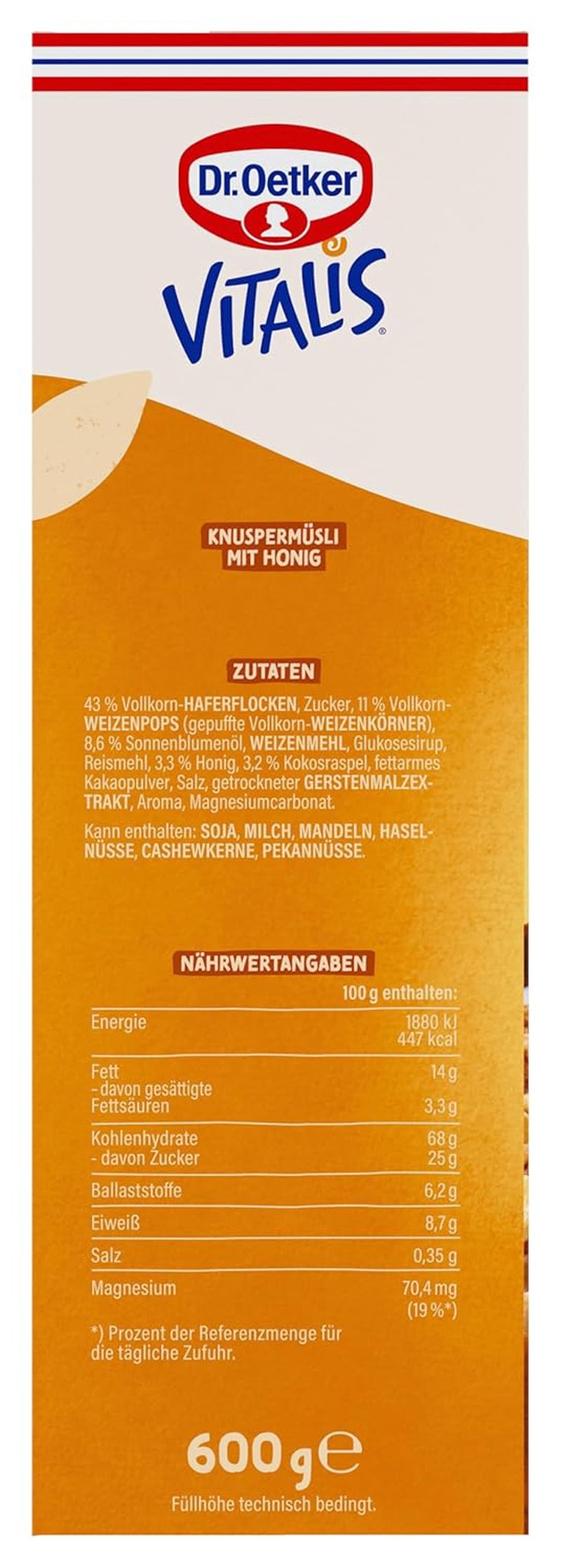 Dr. Oetker Vitalis Crunchy Honeys: Honey Crunchy Müsli til morgenmad og snacks, 5 stk. (5 x 600 g)