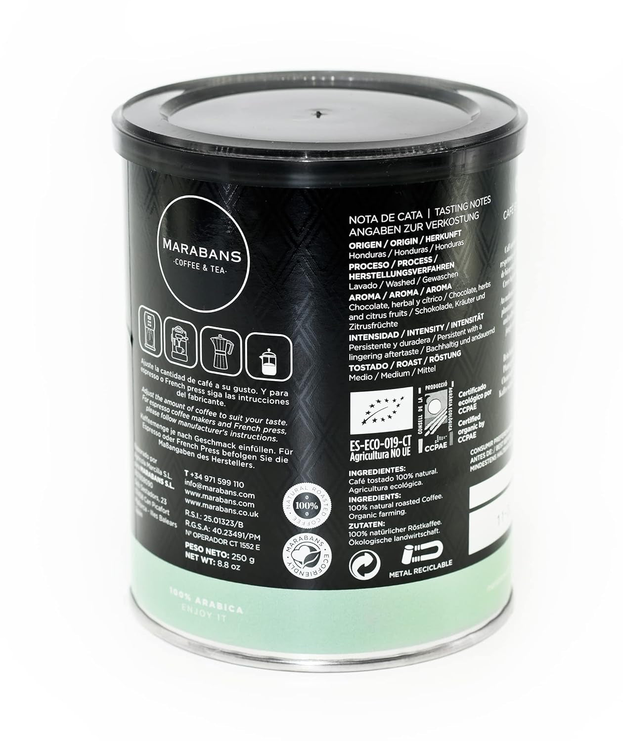 Boabe de cafea organice Marabans. Cutie de 250 g. ORIGINE: Honduras. Cafea 100% prăjită natural.