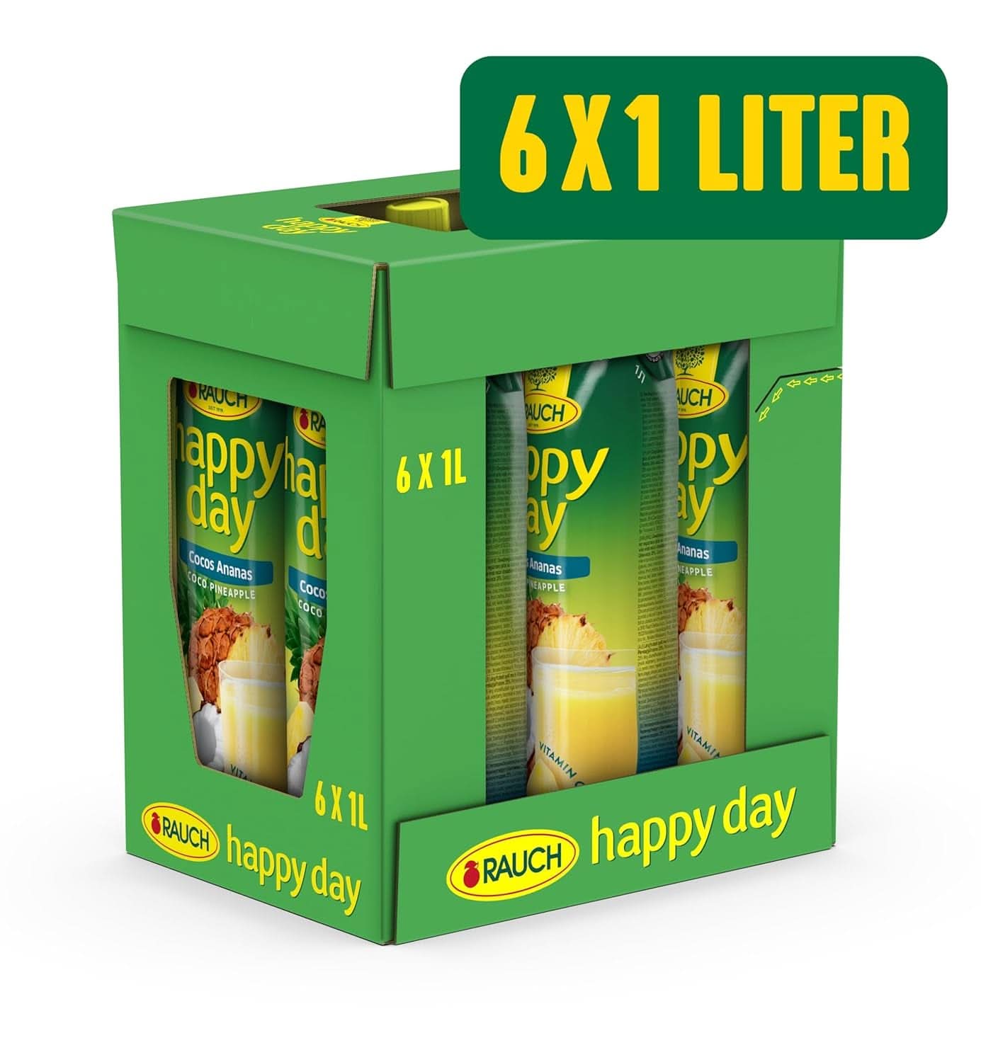 Rauch Happy Day kokos-ananas | En tur til Caribien | Ananas frugtjuice og kokosvand | 6 x 1 liter, Tetra Prisma Alkoholfri drikkevarer Naty Shop