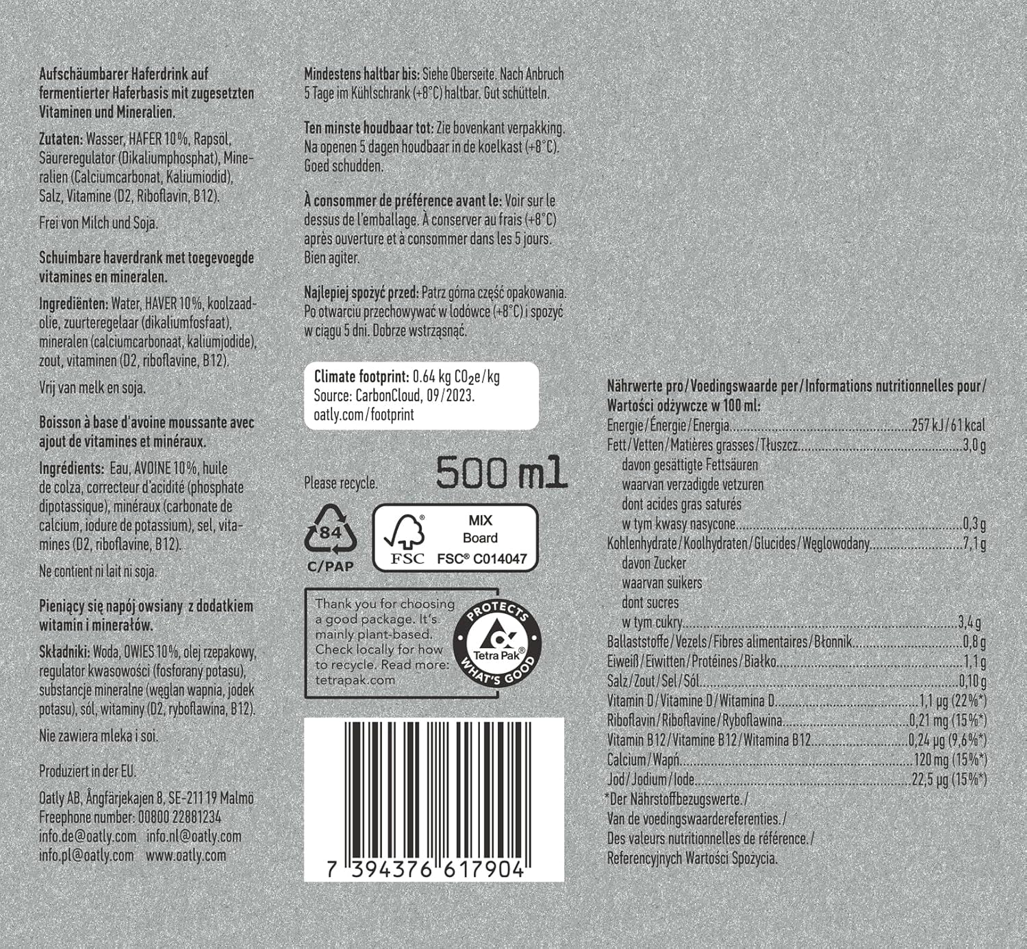 Oatly Haferdrink Barista Edition 500ml X 10 (Die Verpackung kan variere)