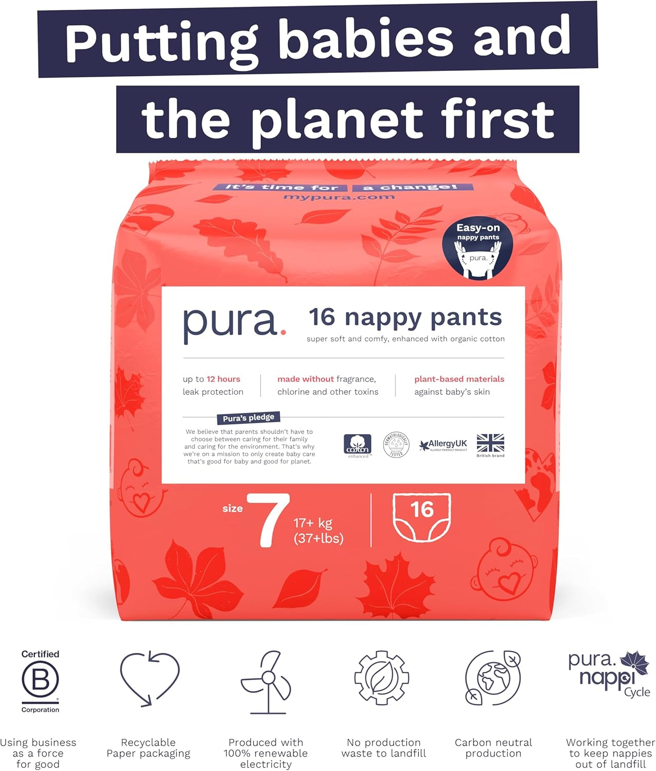 Miljøvenlige trusser, størrelse 7 (17 kg+), 16 stk, engangsundertøj til sensitiv og allergisk hud, parfumefri, sidetræk