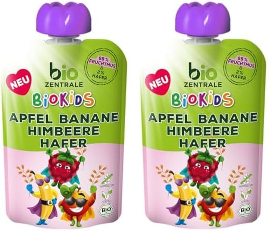 biocentral BioKids Frugtpuré Æble Banan Hindbær Havre | 12 x 90g | Frugtrig snack uden tilsat sukker | Vegansk (pakke med 2)