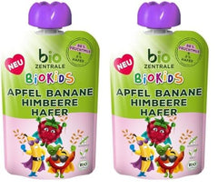 biocentral BioKids Frugtpuré Æble Banan Hindbær Havre | 12 x 90g | Frugtrig snack uden tilsat sukker | Vegansk (pakke med 2)