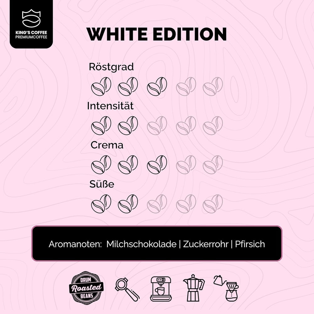 KING'S COFFEE - EDIȚIE ALBĂ - amestec ușor 100% Arabica din Etiopia, Mexic, Peru și Tanzania - prăjire în loturi mici în Italia - boabe de espresso întregi pentru aparate portafilter - 1 kg