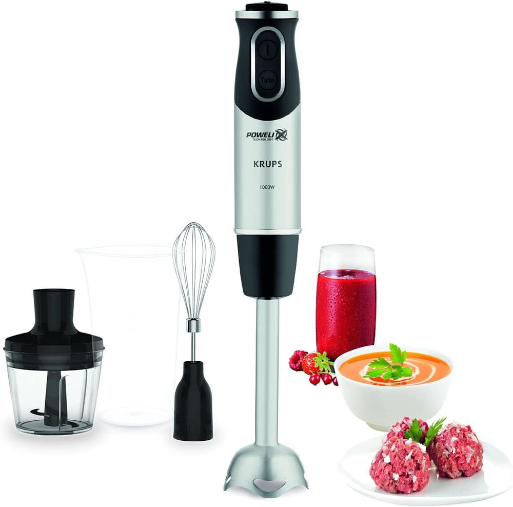 Krups Perfect Mix Stand Mixer HZ6568 | Blender | 1000 Watt | Edelstahlfuß | 4 Extra Scharfe Messer | Powelix-teknologi | Schneebesen | 500 Ml Zerkleiner | 800 Ml Messbecher | Schwarz/Silber Kitchen Naty Shop