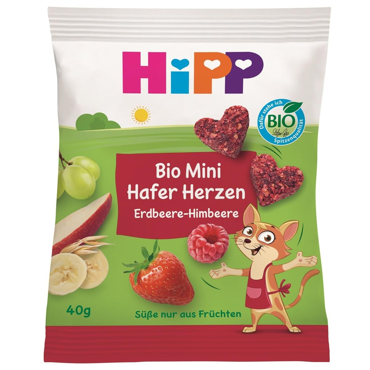 HiPP Mini jordbær-hindbær havrehjerter (12 x 40g), fra 1 år, økologisk hjerteformet snackbar, høj i korn og fibre, kun sødet fra frugt, af bedste økologiske kvalitet