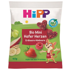 HiPP Mini jordbær-hindbær havrehjerter (12 x 40g), fra 1 år, økologisk hjerteformet snackbar, høj i korn og fibre, kun sødet fra frugt, af bedste økologiske kvalitet