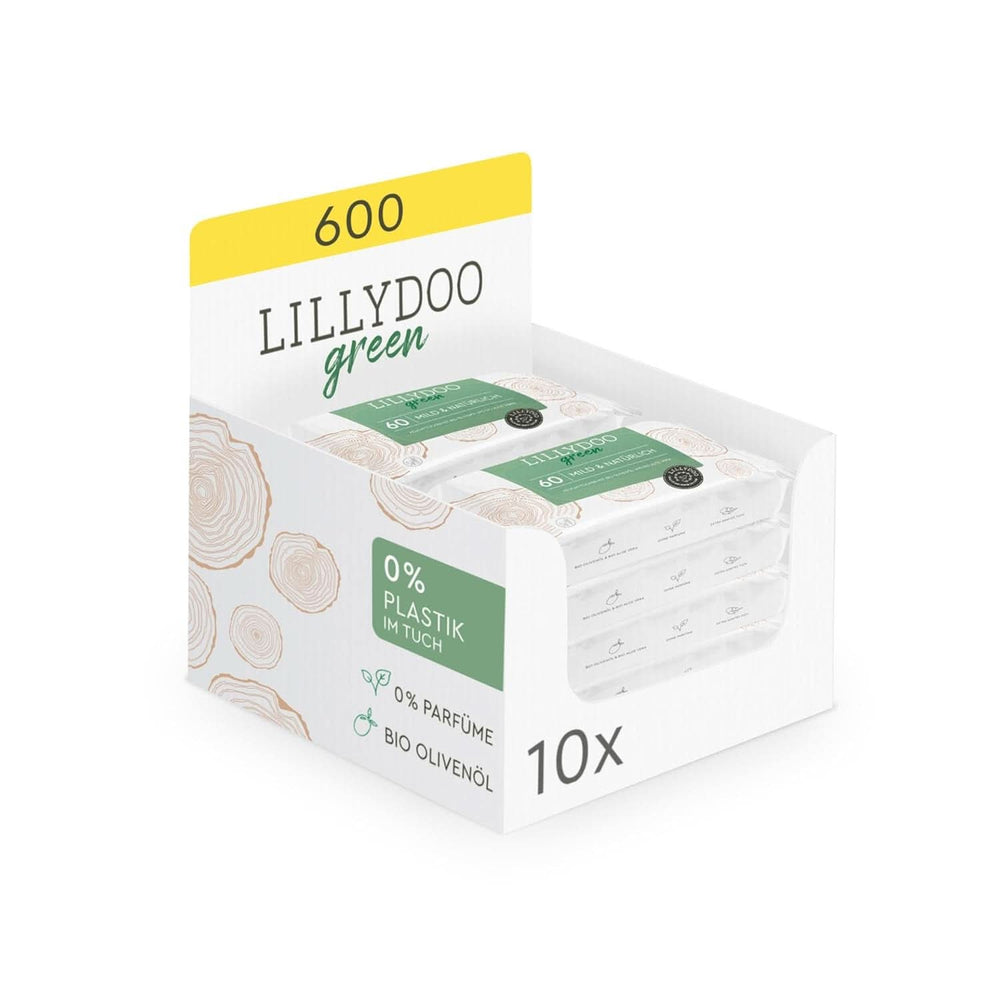 LILLYDOO grønne naturlige vådservietter, 100 % plastikfri, parfumefri (FSC Mix) Baby vådservietter Naty Shop 10 x 60 servietter