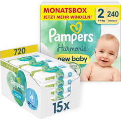Harmonie Babyblesæt Størrelse 2 (4-8 kg, 240 stk.) MÅNEDSÆSKE og Harmonie Aqua Baby Vådservietter Box 720 Servietter (15 x 48), Baby Essentials