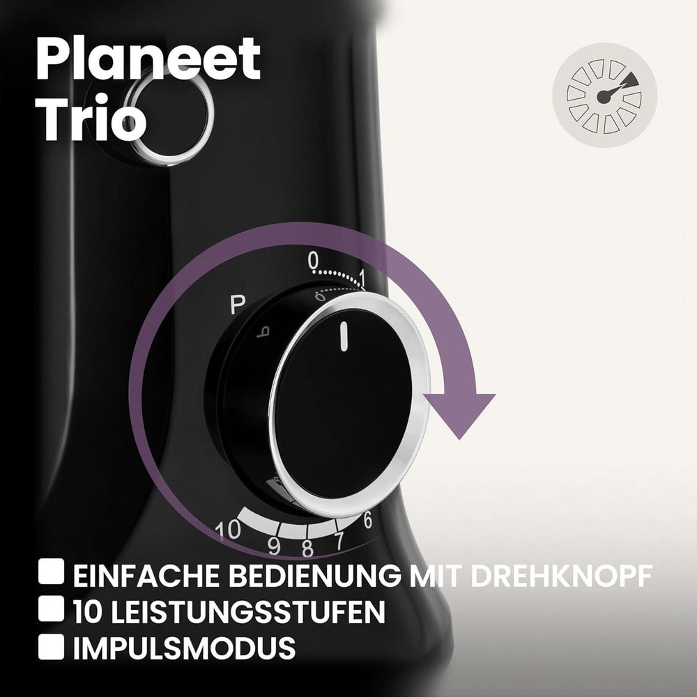 ZEEGMA PLANEET TRIO Planetrobotter, 1500 W, Multifunktionale Küchenmaschine Mit 3 Schüsseln 4 L, 4,5 L og 5,2 L, 10 Betriebsgeschwindigkeiten, Mixer Mit Haken, Schneebesen (Schwarz) Mor og barn Naty Shop
