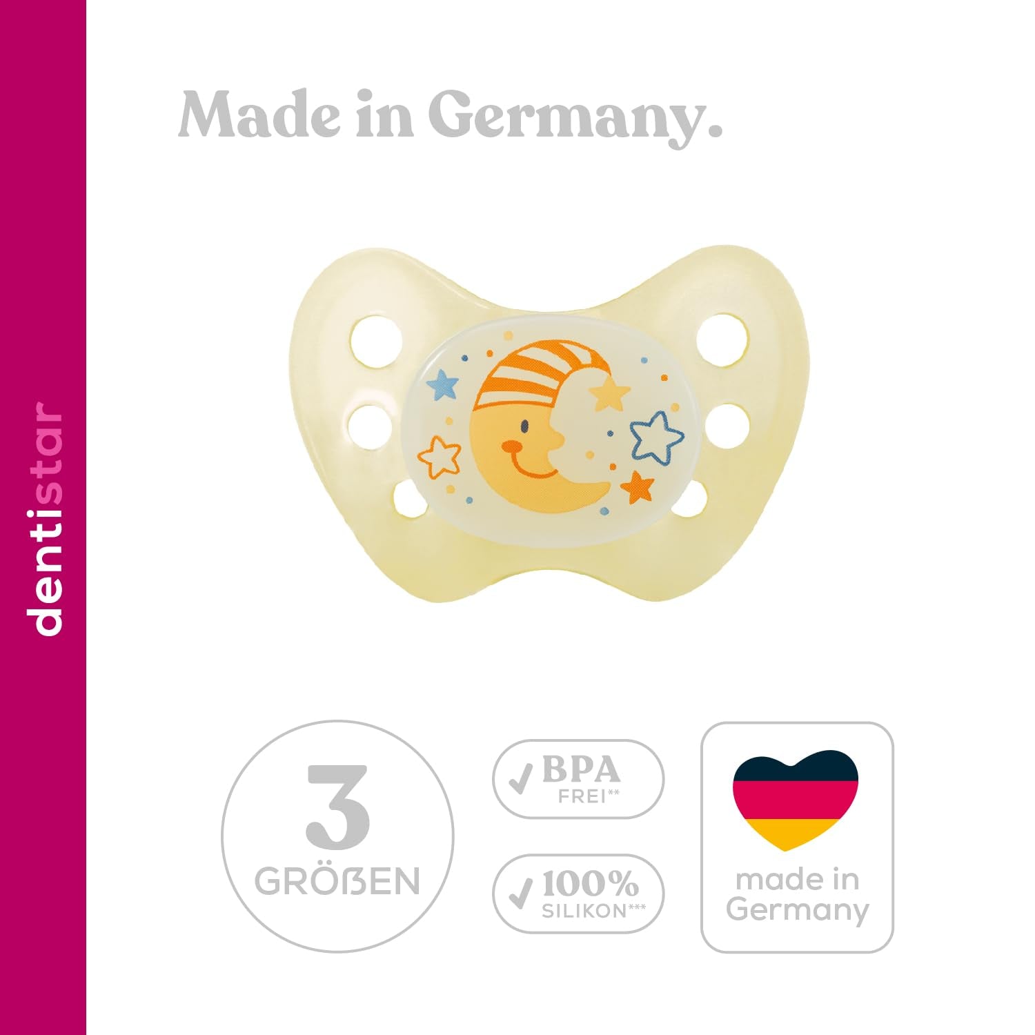 Suzete de noapte din silicon dentistar, pachet de 3 - mărimea 3, de la 14 luni - Suzete care strălucesc în întuneric cu treaptă dentară - fără BPA - fabricate în Germania - Lună, galben