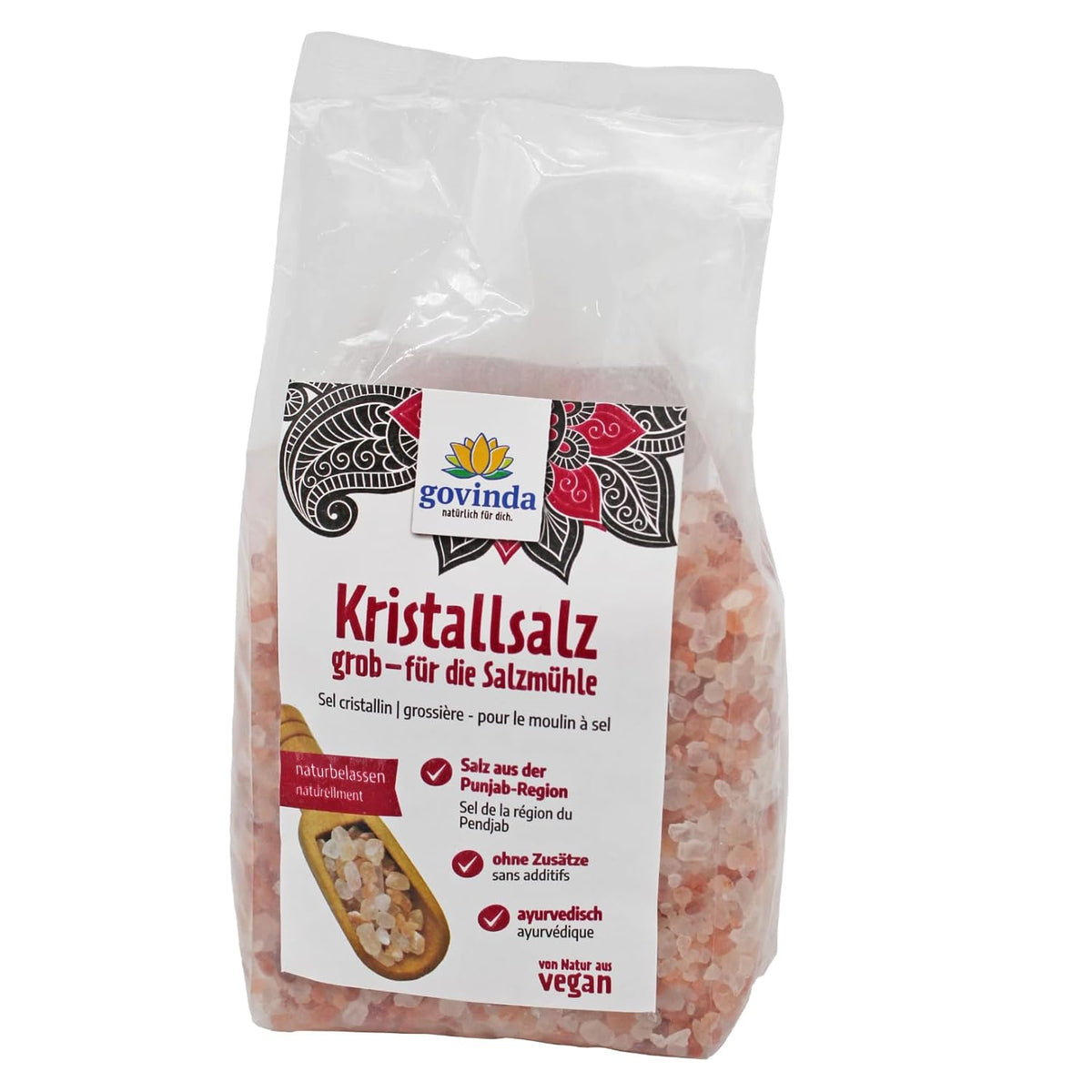 Govinda Kristallsalz - groft (1 kg) | 250 Millionen Jahre alt | Salz aus der Punjab-regionen | 100% naturlig skønhed & ohne Zusätze | Ayurvedisk | Vegansk | Ideel til saltmøllen