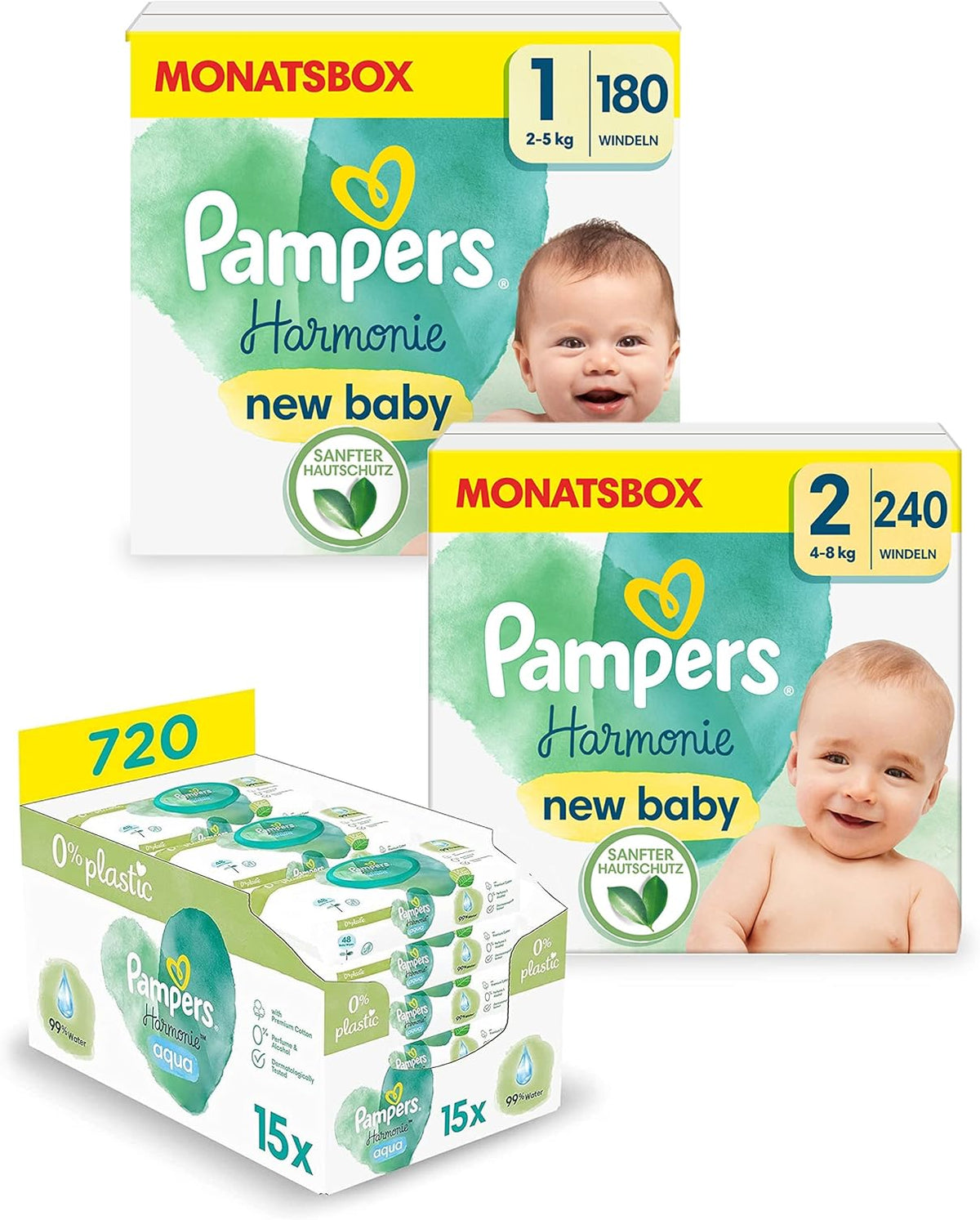 Harmonie Aqua Babyblesæt Størrelse 1 (2-5 kg, 180 stk), Størrelse 2 (4-8 kg, 240 stk), Half Moon Box og Aqua Baby Wipes, 720 Wipes (15 x 48), Baby Starter Kit