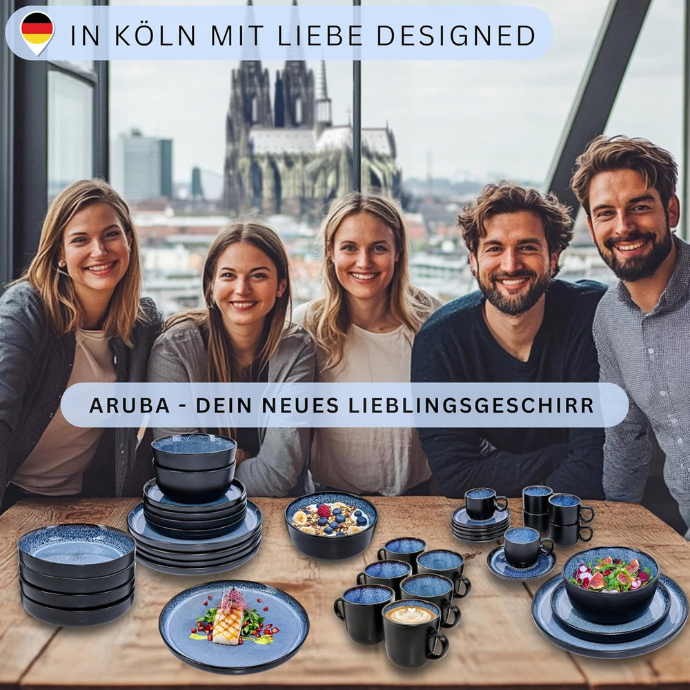 SÄNGER Aruba | Set de veselă din gresie pentru 6 persoane, 6 farfurii de cină, 6 farfurii de mic dejun, 6 farfurii de sumă, 6 boluri pentru paste, albastru cu margine neagră | COLECȚIA VALUE