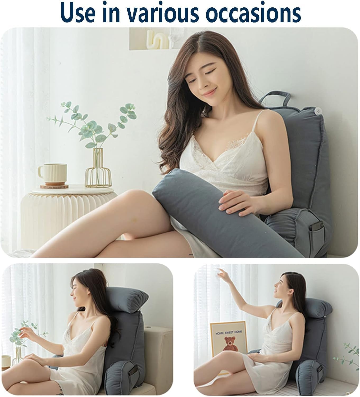 Pernă de citit cu cotiere, pernă de spate pentru canapea, pernă de cărți pentru pat, cu rolă detașabilă pentru gât, pernă de susținere a scaunului pentru relaxare, joacă, citit, vizionat la televizor, culoare șampanie