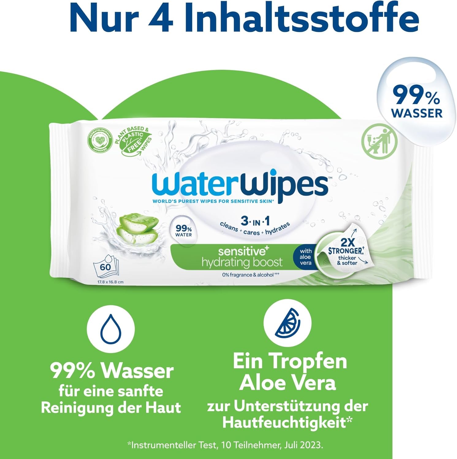 WaterWipes Sensitive+ Hydrating Boost vådservietter, hydrerende servietter, 360 stykker (6 pakke), 3 i 1 rene, pleje, hydrere, 99 % aloe vera vand, uparfumerede babyservietter
